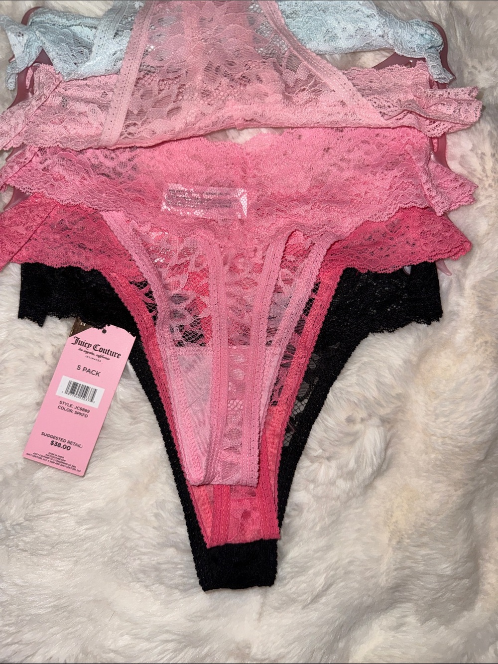 5 pack Juicy Couture Lace Thong Pack in Black and Pink Shades - Picture 5 of 7